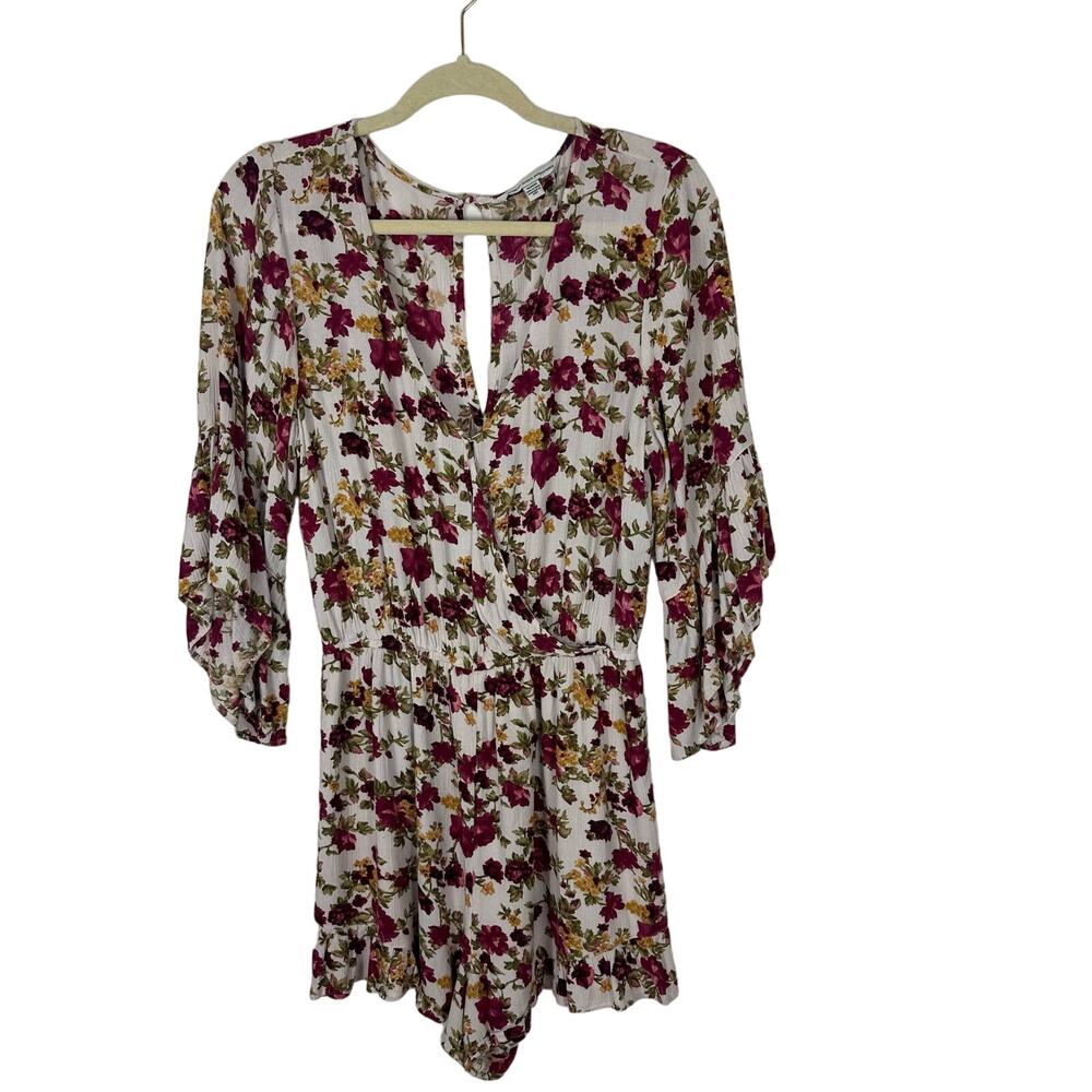 American Eagle Floral Romper V Neck Bell Sleeve Womens Medium Lined Keyhole